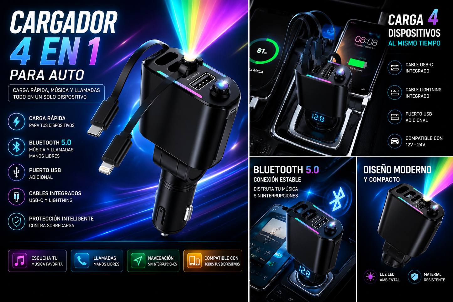 AutoCharge Pro 4 en 1 – Carga Rápida Universal